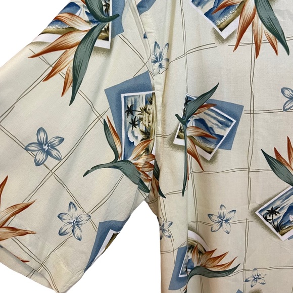 Pierre Cardin Hawaiian button up rayon shirt size large cream and blue print - Picture 3 of 11